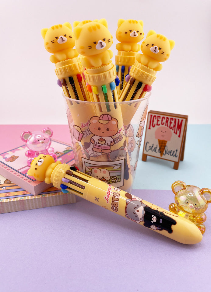 STYLO KAWAII 10 COULEURS CHAT JAUNE
