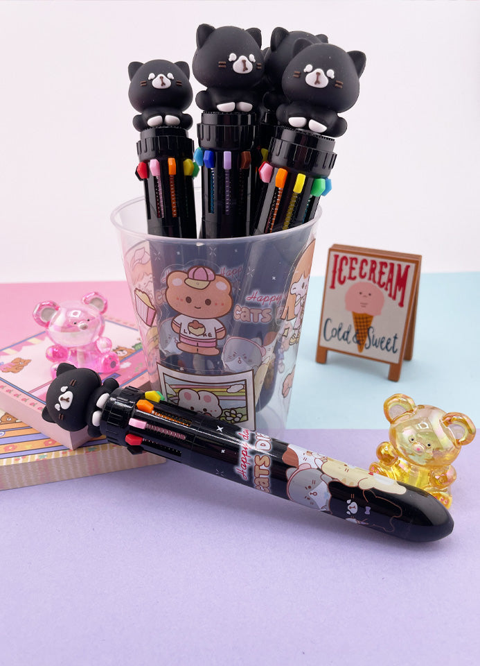 STYLO KAWAII 10 COULEURS CHAT NOIR