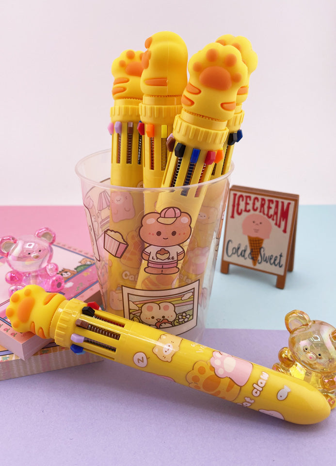 STYLO KAWAII 10 COULEURS PATTE DE CHAT JAUNE