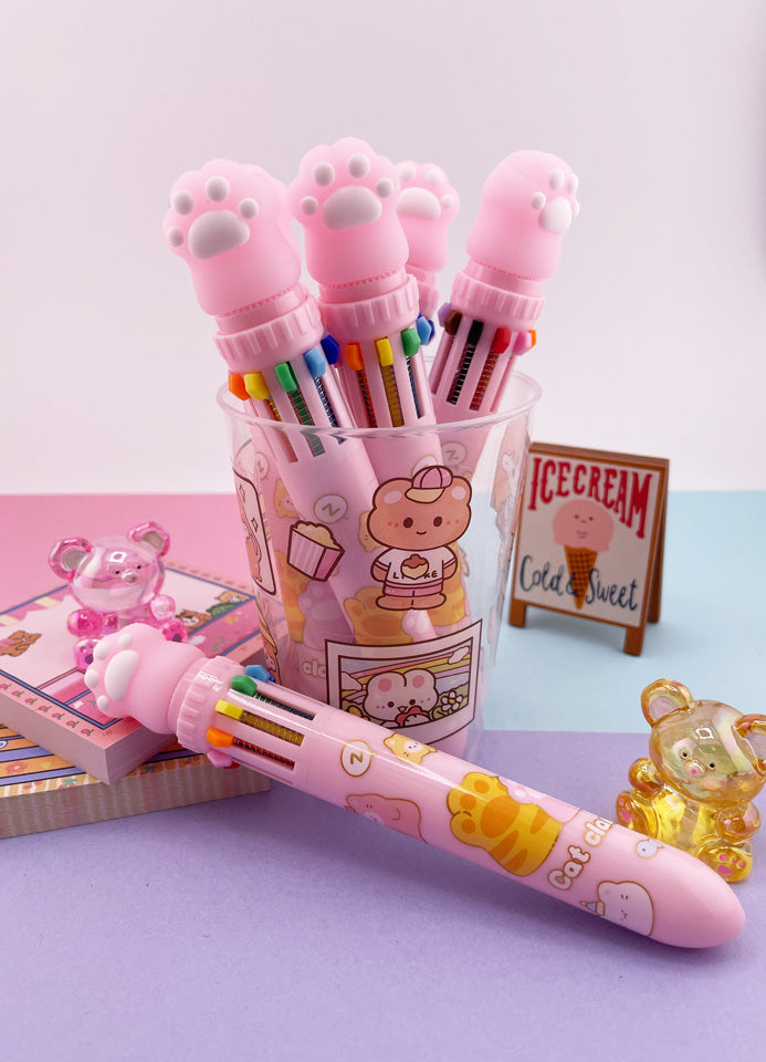 STYLO KAWAII 10 COULEURS PATTE DE CHAT ROSE