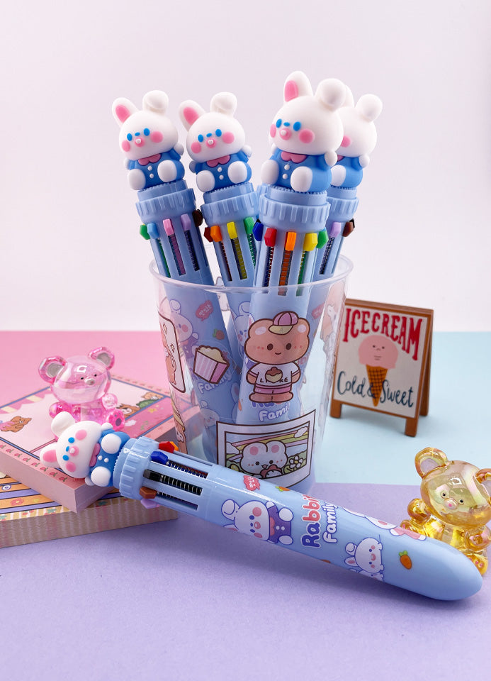 STYLO KAWAII 10 COULEURS RABBIT BLEU