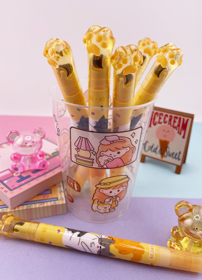 SURLIGNEUR ET TAMPON KAWAII LES 3 CHATS JAUNE
